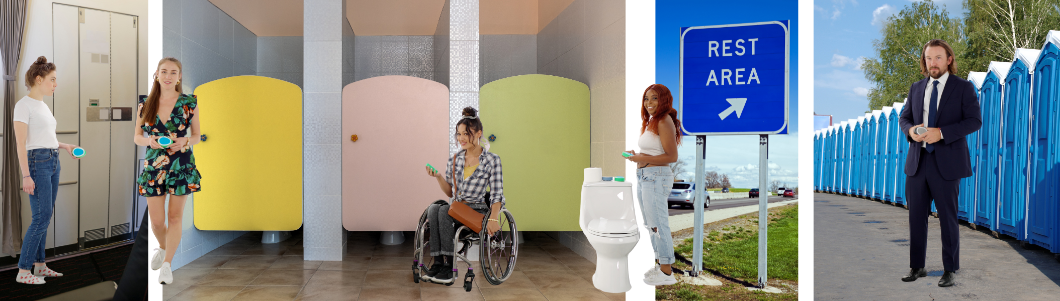 Using The UnWipe in an airplane, public restroom, highway rest area, festival, porta potty